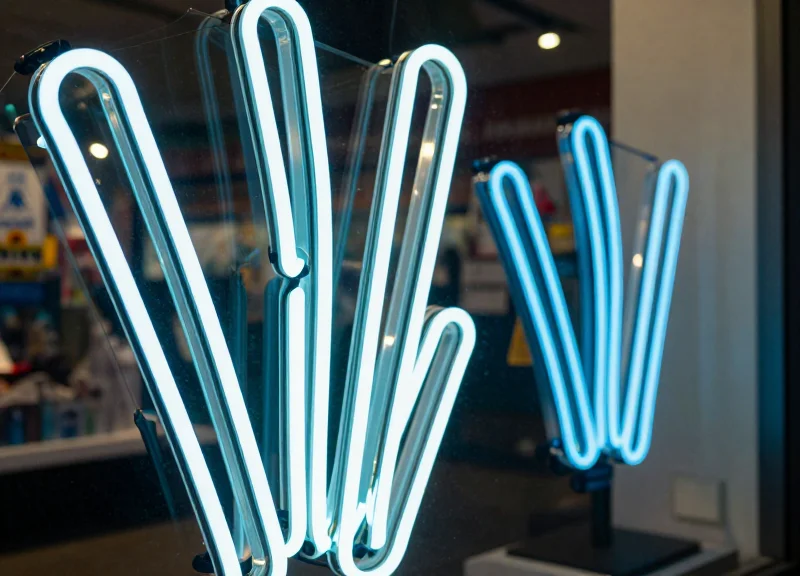 Glowing abstract neon glass tubes flickering near electronic equipment.