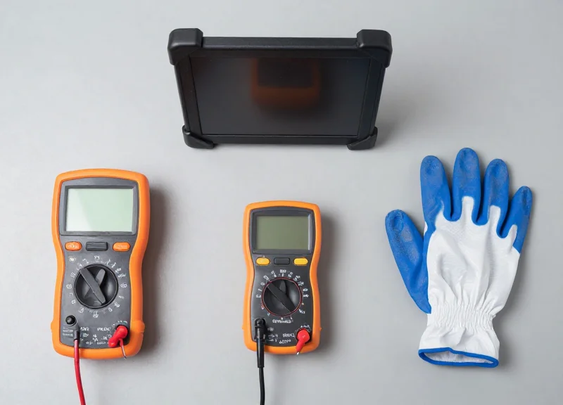 Professional electronic diagnostic tools and safety gear arranged on a workspace.