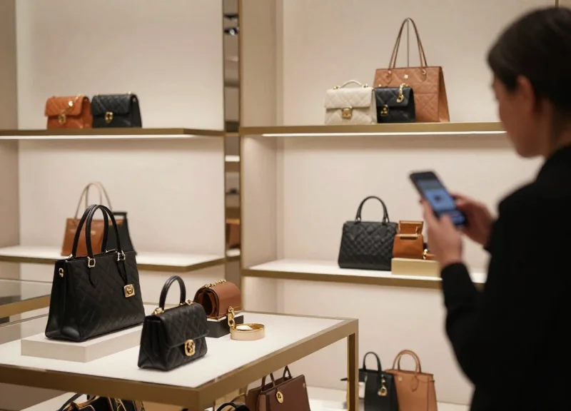 A high-end luxury fashion boutique with elegant displays of designer bags and accessories, soft cinematic lighting, professional retail atmosphere