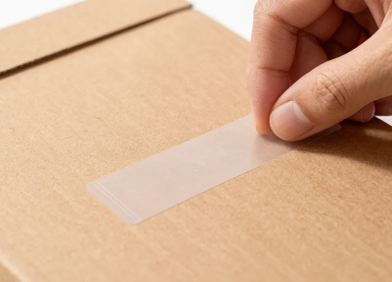 A person peeling off a security label from a luxury paper box showing a clean surface with no residue