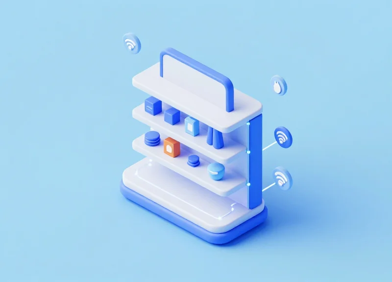 Isometric 3D illustration of a smart retail shelf with floating digital connection icons