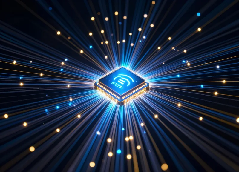 Abstract visualization of glowing digital signals interacting with an RFID tag on a product.