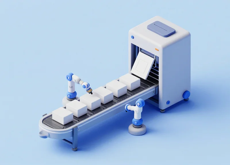 An isometric 3D illustration of a clean automated packaging line where abstract geometric labels are being precisely applied to boxes, representing an efficient supply chain.