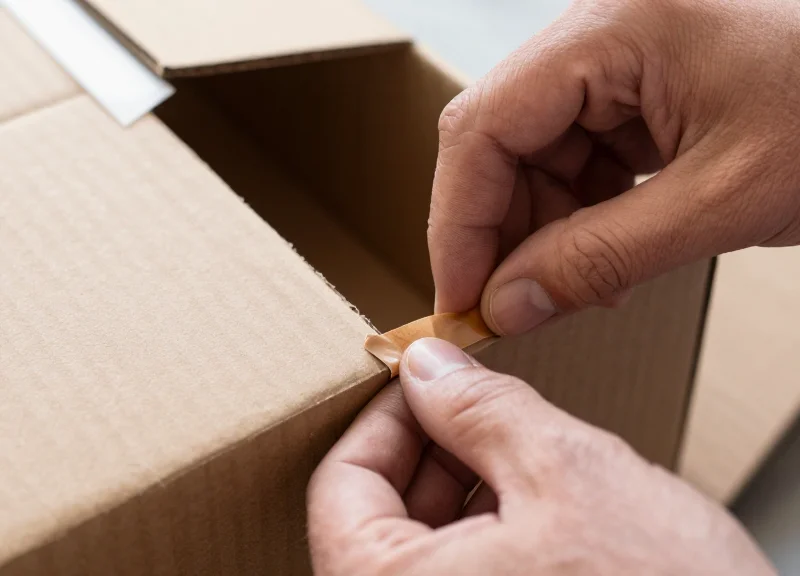A technician carefully applying a security tag inside the flap of a retail box.
