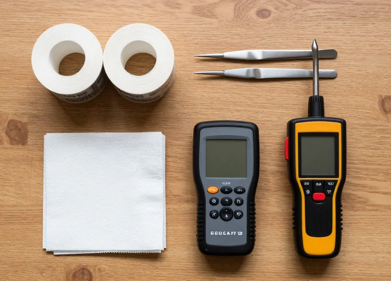 A collection of tools and EAS tags neatly arranged on a workbench.