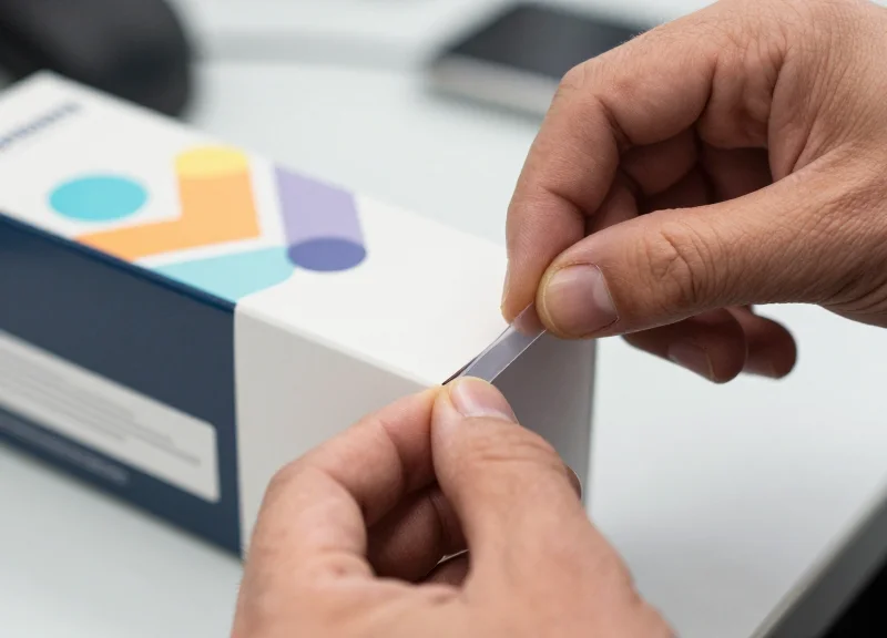 An extreme close-up of a technician's hands carefully applying a small, thin security tag to a product package on a clean professional workbench.