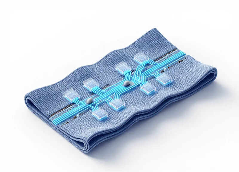 Isometric 3D illustration of a clothing item with embedded microscopic security circuits.
