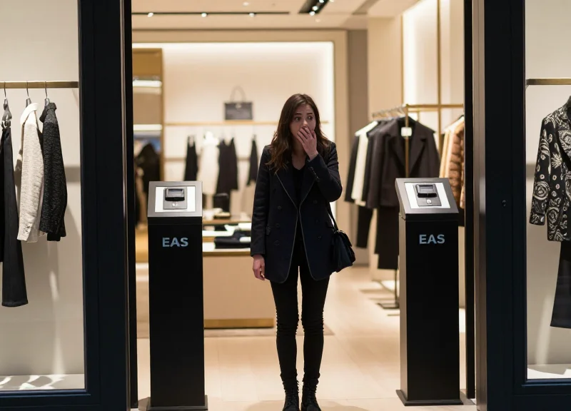 A high-end luxury boutique entrance with a customer looking distressed by a false security alarm trigger.