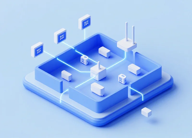 Isometric 3D model of a store security system integrating RFID and EAS technologies.
