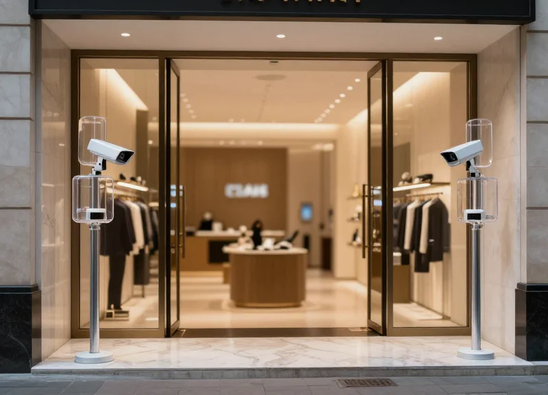 A wide-angle view of a high-end luxury boutique entrance with sleek, transparent EAS security antennas and elegant minimalist interior design.