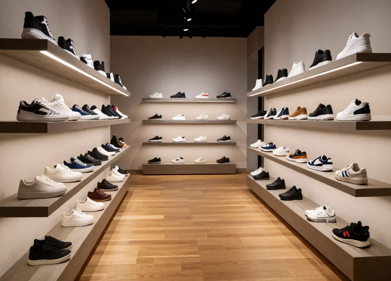 A high-end modern shoe store with rows of sneakers on display under cinematic lighting