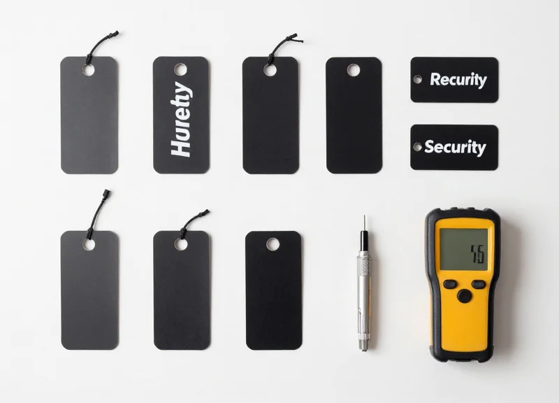 Retail security maintenance tools and hardware tags neatly arranged on a white surface