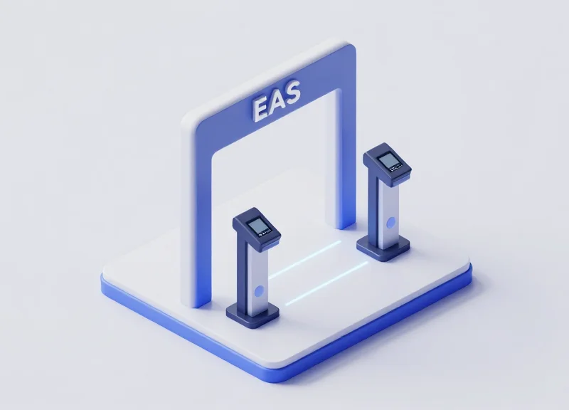 Isometric 3D view of a store entrance with security antennas and a glowing detection field