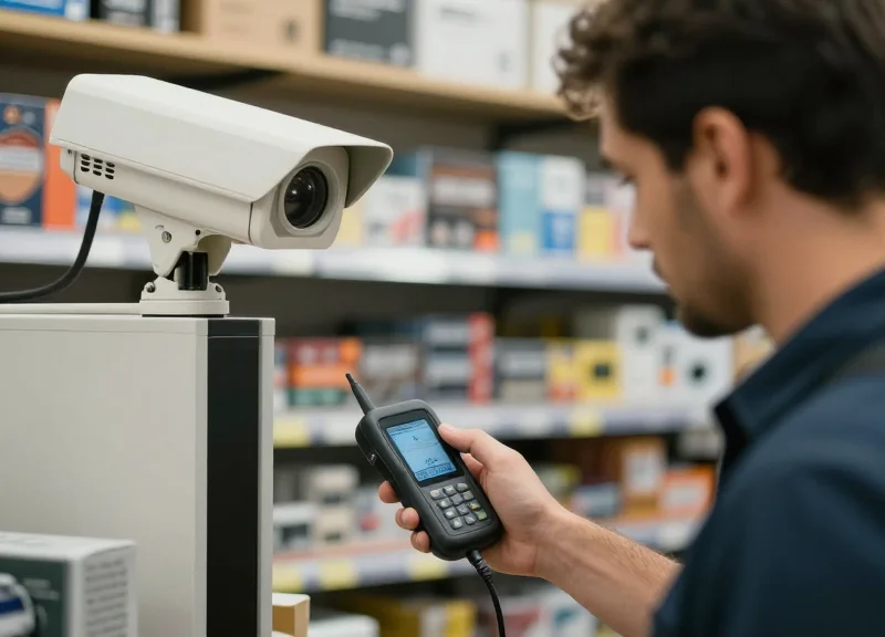 A technician performing an electromagnetic interference audit in a retail store