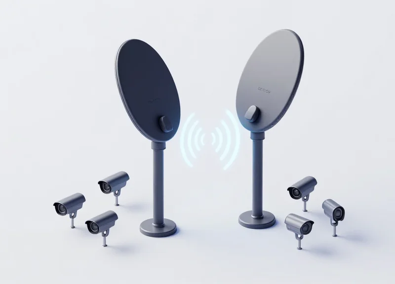 An isometric 3D illustration of modern retail security antennas emitting glowing signal waves, surrounded by various security pin components in a clean tech environment.