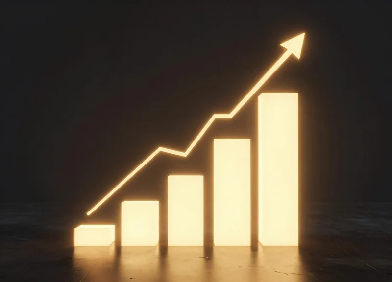 Dynamic 3D abstract art showing rising financial nodes and golden light trails symbolizing high ROI.