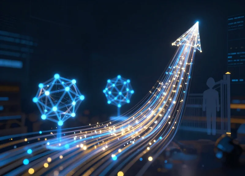 Futuristic abstract data visualization representing AI remote monitoring with glowing blue connectivity nodes and upward-streaming light trails.
