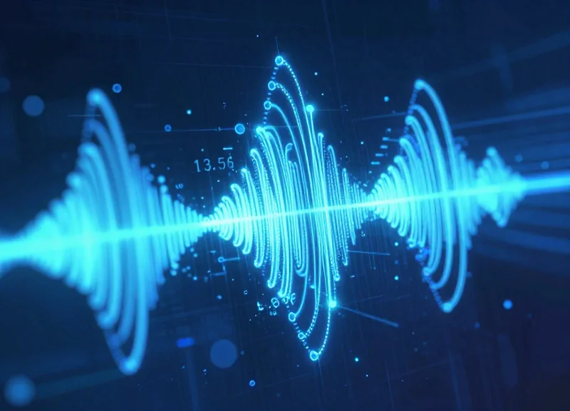 Abstract visualization of 13.56 MHz frequency waves and data streams in a glowing tech aesthetic.