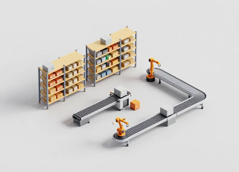 Isometric 3D view of a warehouse transitioning from traditional storage to automated conveyor systems.