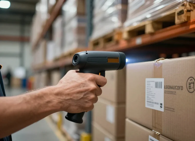 Close-up of an industrial RFID scanner scanning warehouse inventory items.