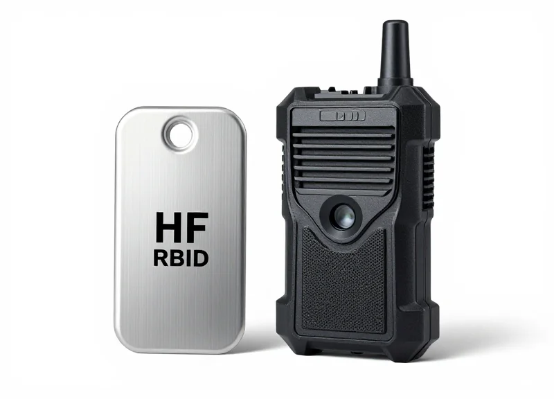 Industrial HF RFID tag and reader for metal environments.