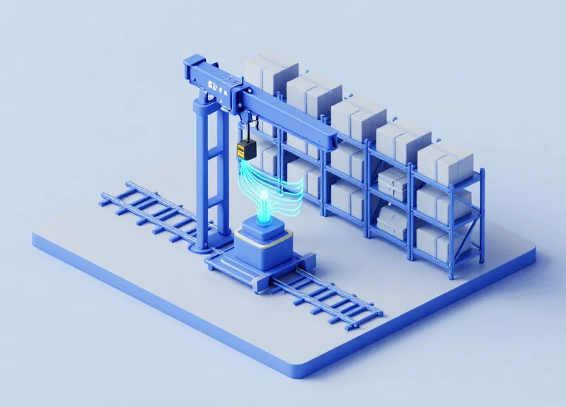 An isometric 3D illustration of a metal stacker crane in a modern warehouse, showing an integrated RFID sensor emitting a glowing field toward a pallet.