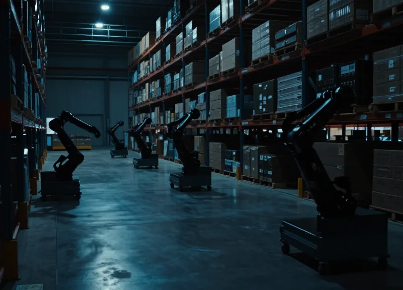 Cinematic shot of a dark warehouse with blue automated lights and robotic movement
