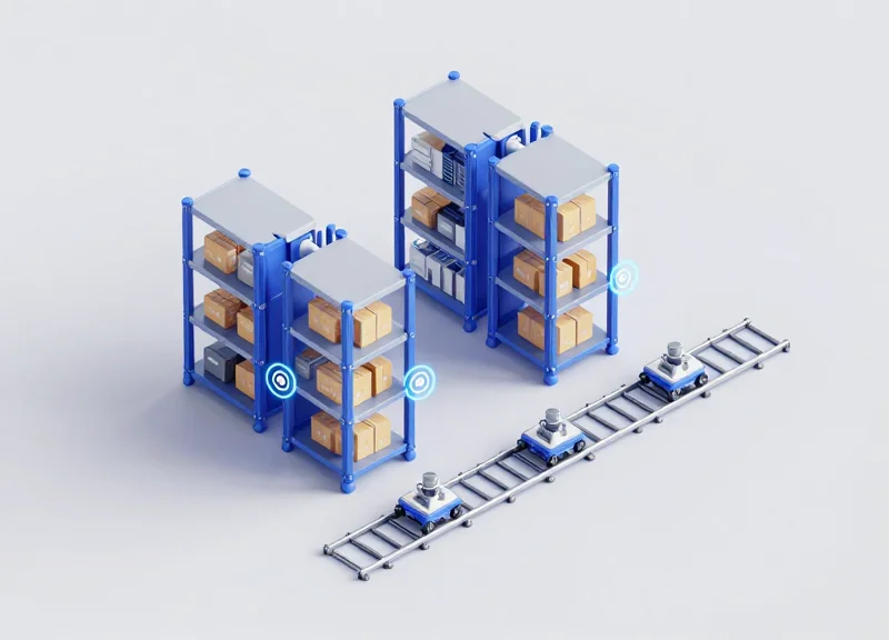Isometric 3D illustration of a futuristic automated warehouse system with robotic shuttles moving between high-density storage racks and glowing blue pulses representing RFID signal waves.