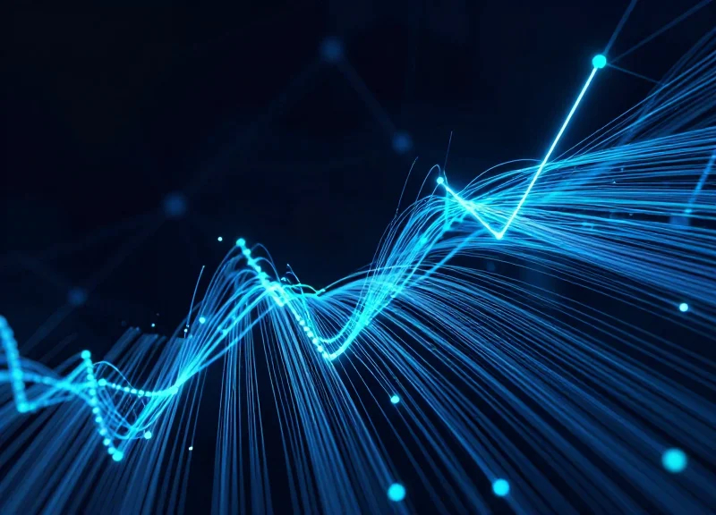 Abstract digital visualization of global cold chain logistics evolution with glowing blue data streams and data nodes.