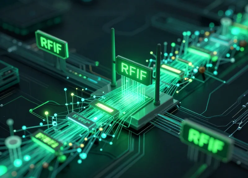Abstract technology concept showing the convergence of RFID antennas and sustainable electronic shelf labels.