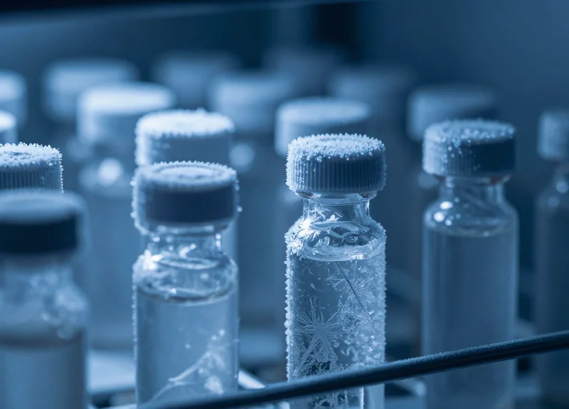 Extreme close-up of a frozen laboratory vial in a cryogenic freezer with frost and ice crystals.
