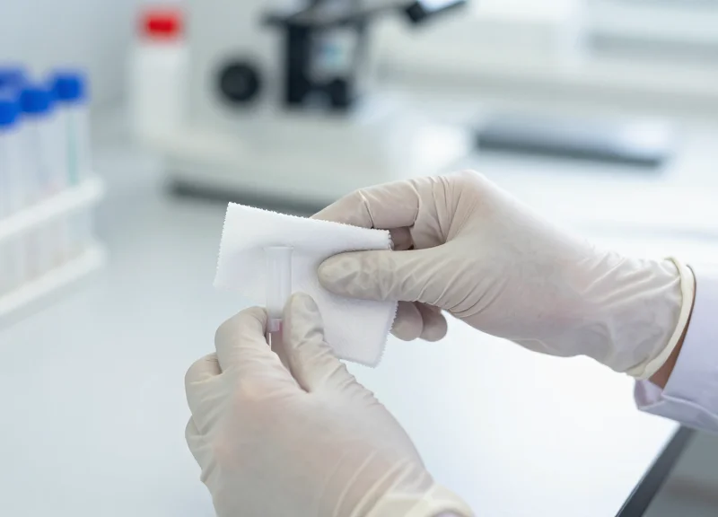 A scientist's gloved hand preparing the surface of a sample tube in a lab.
