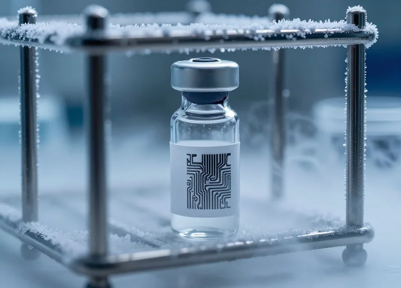 A close-up photograph of a laboratory cryogenic vial with a specialized RFID tag attached, sitting in a frosty storage rack with visible ice crystals and cold mist.