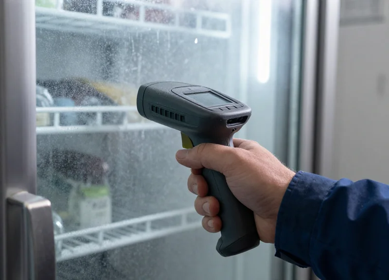 A warehouse worker struggling with a handheld barcode scanner in a frosty cold storage environment.