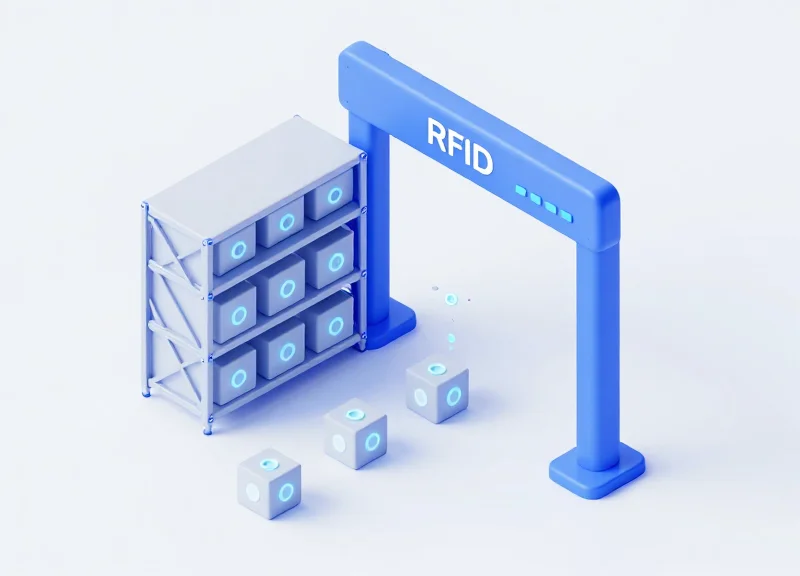 Isometric 3D model of an RFID sensor gate tracking boxes in a cold storage facility.