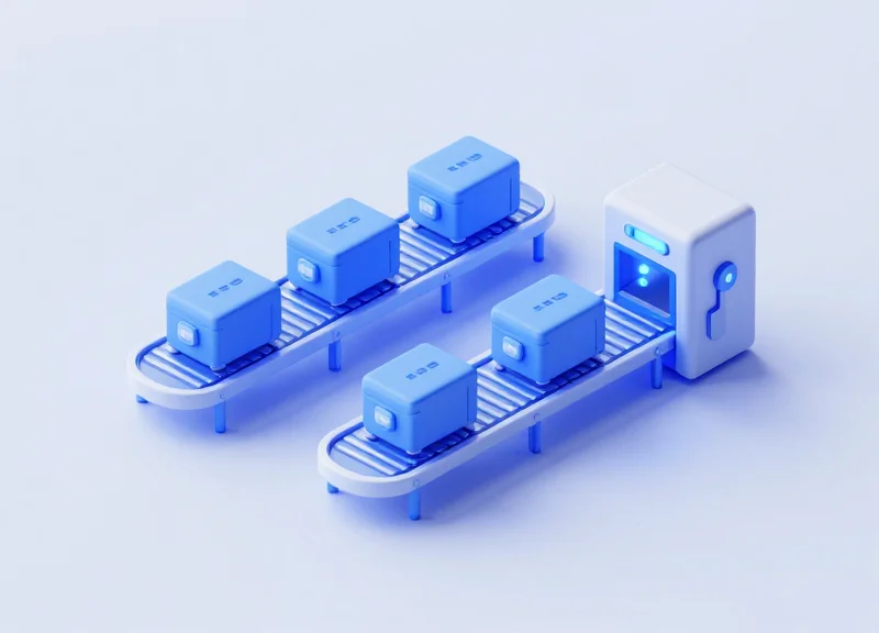 A modern 3D isometric view of a refrigerated logistics center with automated conveyor belts and crates featuring glowing sensor nodes in a cool blue environment.