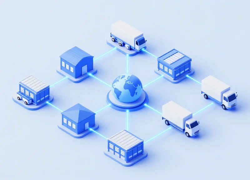 Isometric 3D model showing cross-organizational logistics tracking network with connected hubs