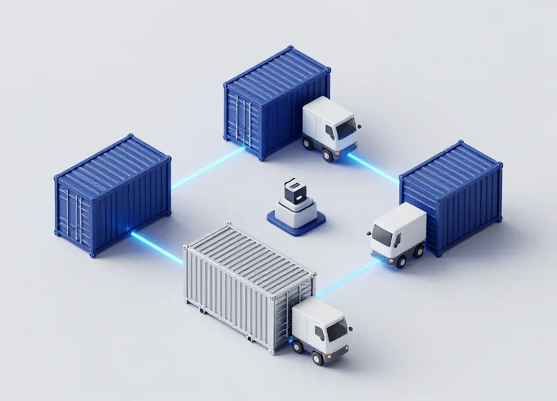 An isometric 3D illustration of a modern logistics network including smart warehouses, delivery trucks, and glowing data nodes representing RFID tracking across a supply chain.