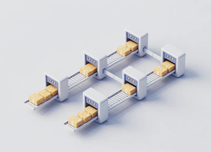 Isometric 3D illustration of a modular high-speed RFID parcel sorting system in a smart factory.