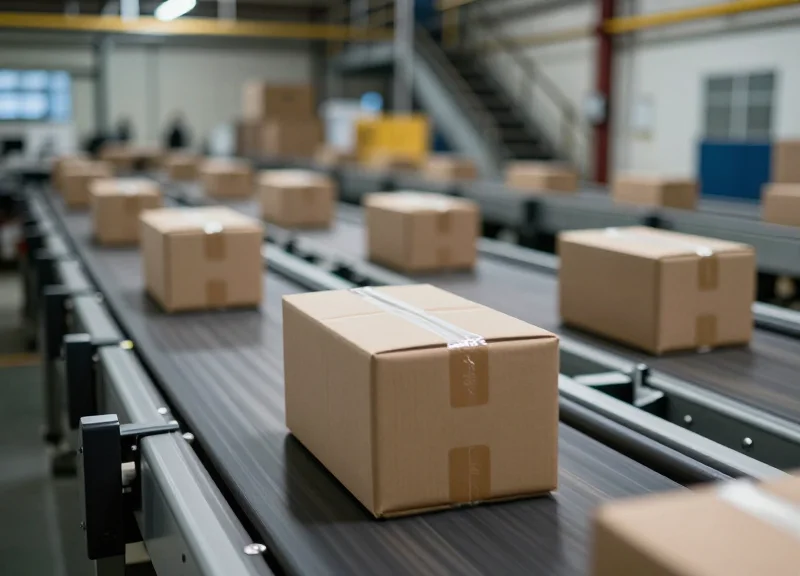 A close-up action shot of boxes moving at high speed on a conveyor belt in a distribution center.