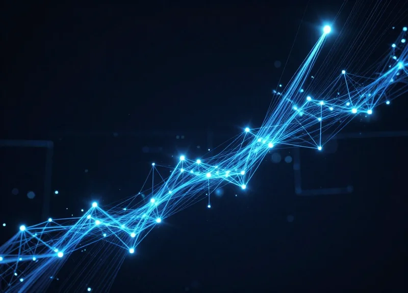 Abstract visualization of digital data nodes and glowing fiber optic streams representing package traceability.