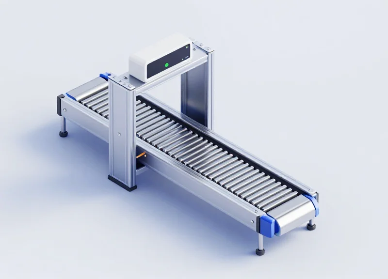Isometric 3D illustration of an industrial RFID tunnel scanning system with a conveyor belt passing through a metal housing.