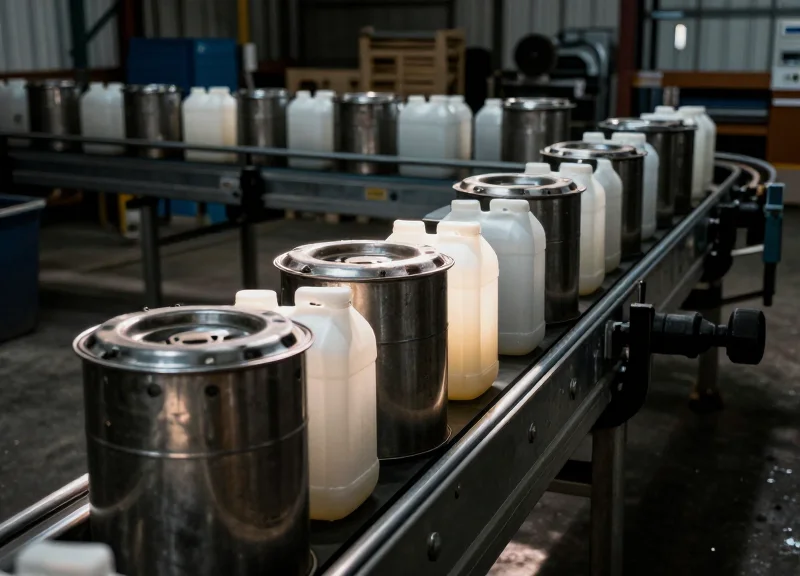 Warehouse setting showing metal containers and liquid barrels on a pallet passing through a scanner area.