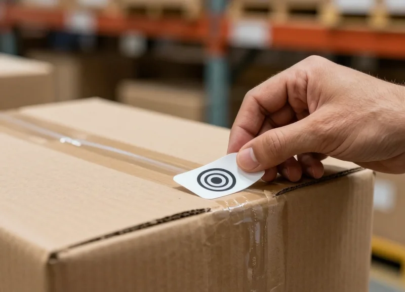 Close-up of a worker placing an RFID tag onto a cardboard box in a warehouse.