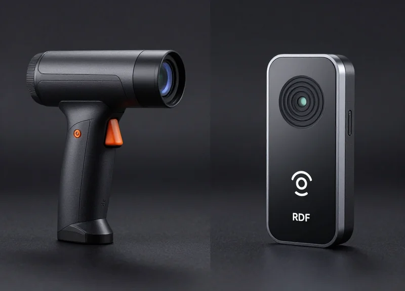 A side-by-side visual comparison of a traditional barcode scanner and a modern RFID sensor device.