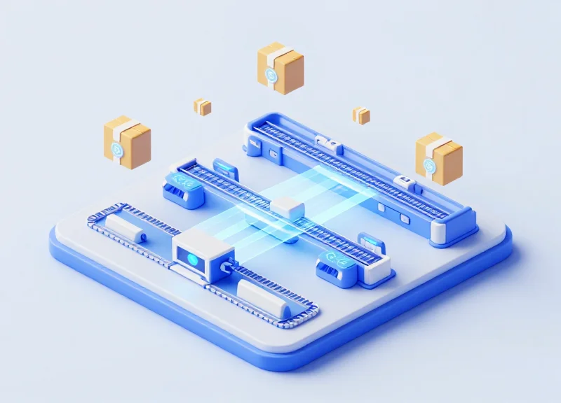 An isometric 3D illustration of a futuristic logistics facility with automated tracks and packages connected by glowing blue digital network lines.
