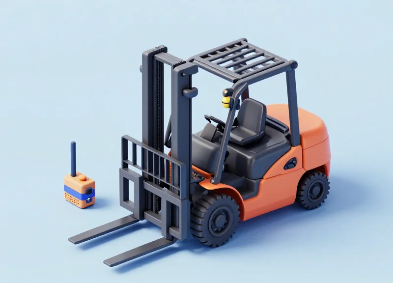 Isometric 3D model of a forklift showing the internal RFID reader system layout