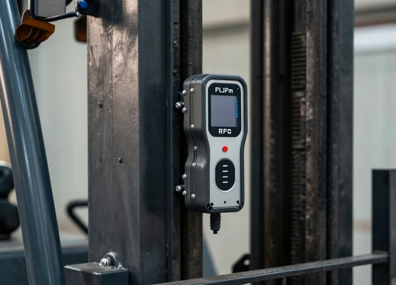 Close-up of a rugged RFID reader mounted on a metal forklift frame in a warehouse