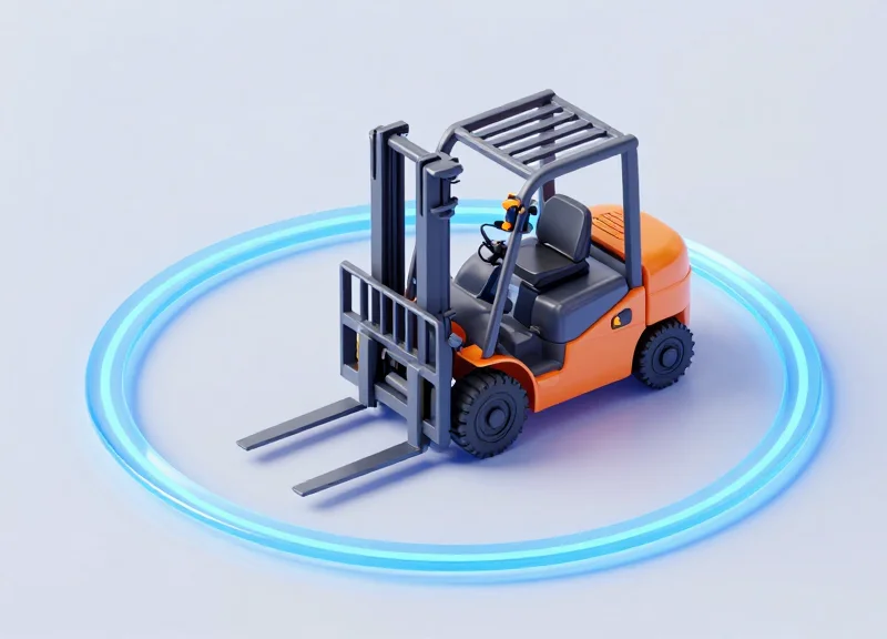 3D model of a forklift within a glowing blue circular safety geofence zone.