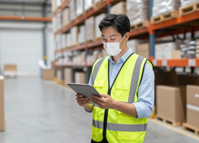 Professional warehouse manager using a digital tablet in a high-tech smart logistics center.